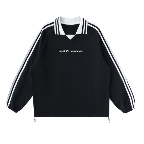 vintage Black sweater with white stripes and a logo on a white background